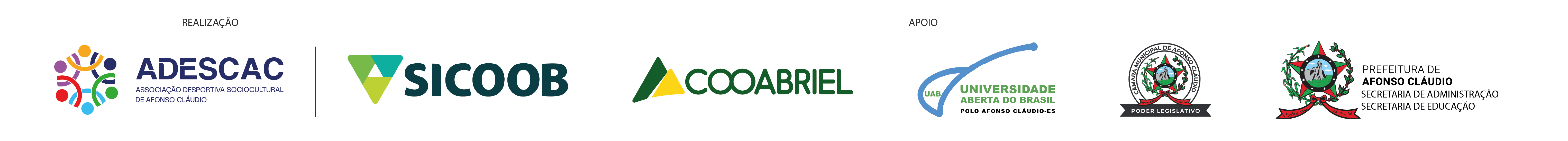 Realização: ADESCAC. Marcas dos envolvidos no projeto: Sicoob, Cooabriel, Universidade Aberta do Brasil — Polo Afonso Cláudio, Câmara Municipal de Afonso Cláudio e Prefeitura de Afonso Cláudio, Secretarias de Administração e Educação.